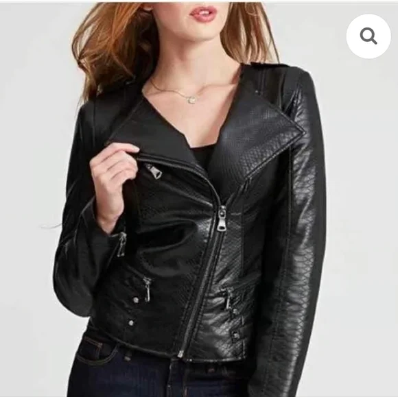 Guess Faux Leather Black Snakeskin Cropped Jacket Moto Style - Picture 2 of 10